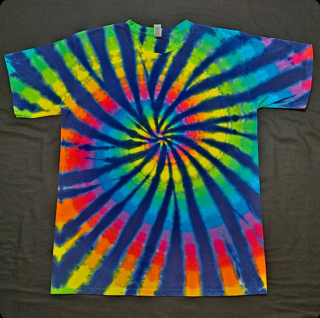 Large. Navy and rainbow spiral.