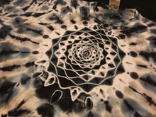 Load image into Gallery viewer, XL. Tie dye shirt. Grey scale mandala/psychedelic scrunch combo tee.
