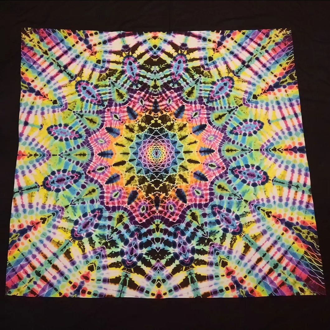 57in.x57in. tie dye tapestry.  Dark rainbow mandala.