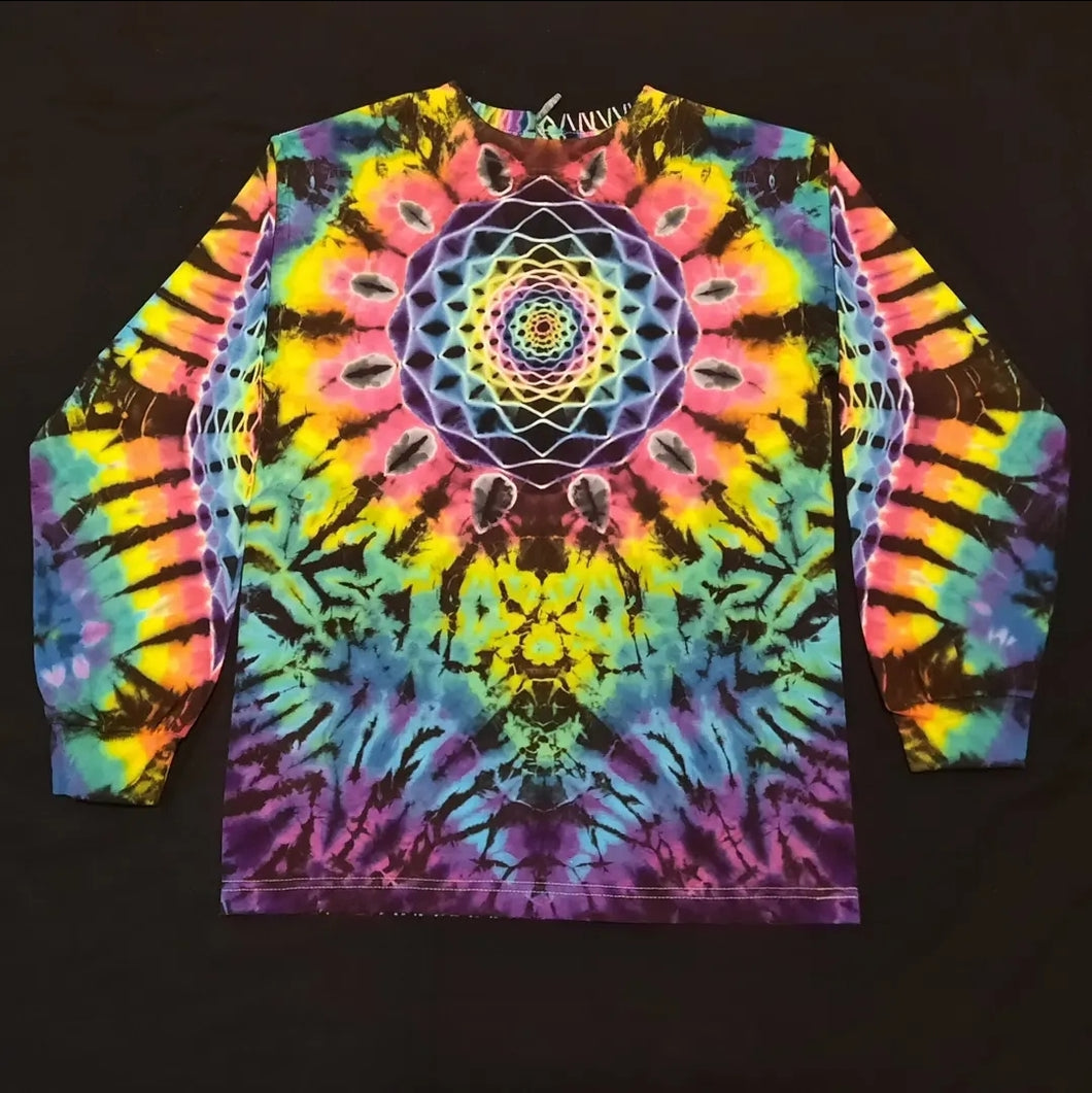 Small. Tie dye long sleeve. Mandala/spine combo with diamond sleeves tee.